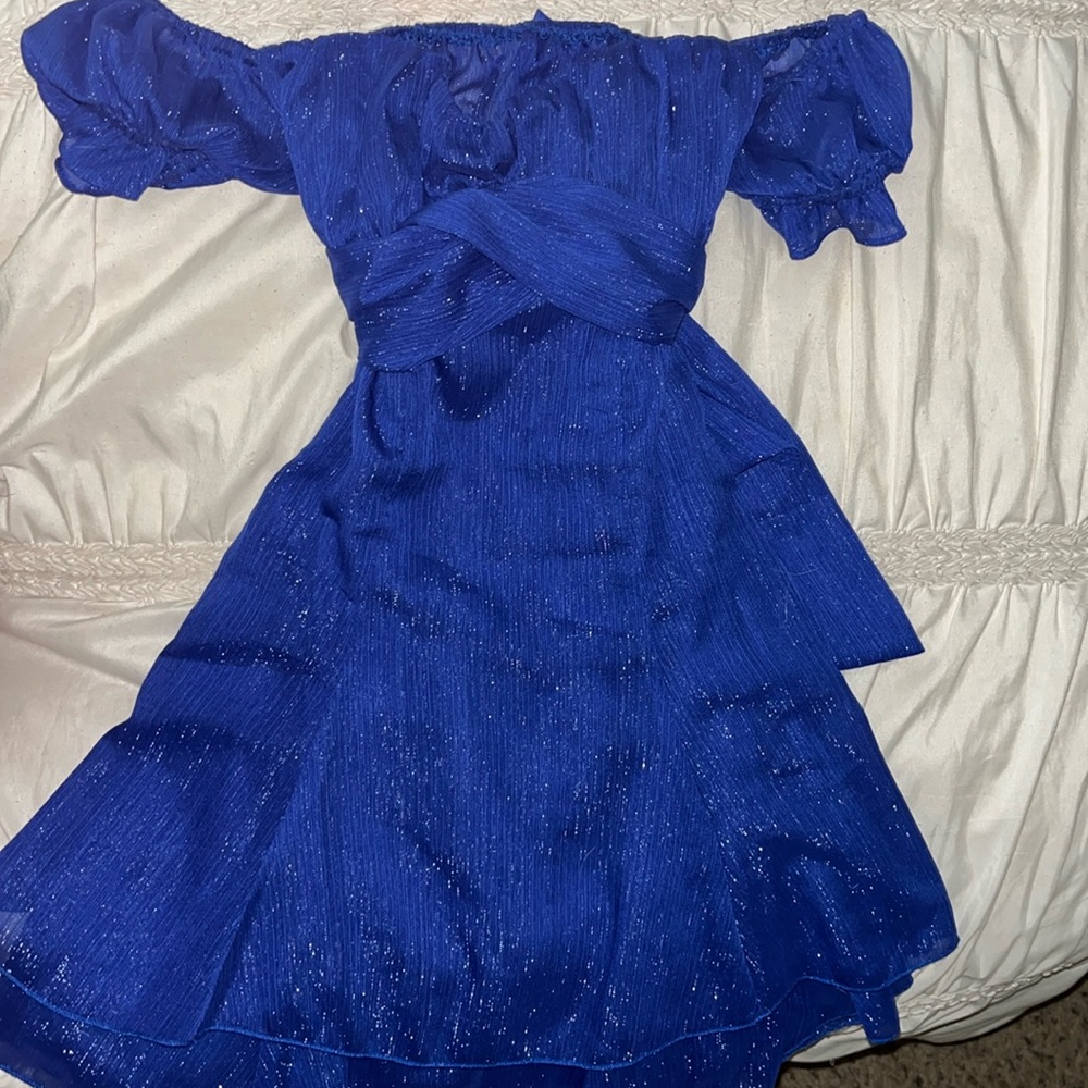 Lucy in the sky dress off shoulder in royal blue